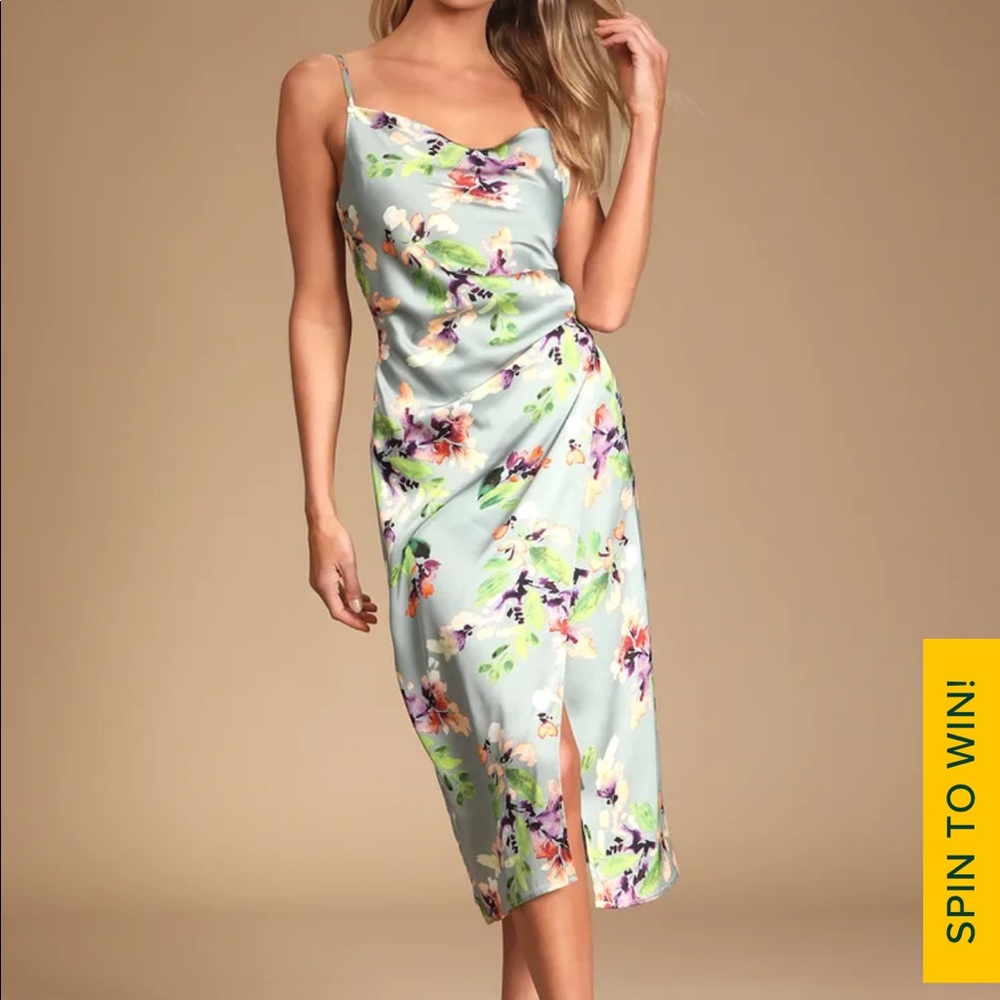 Lulus Hollywood Woman Sage Green Floral Print Satin Midi Dress Size S
